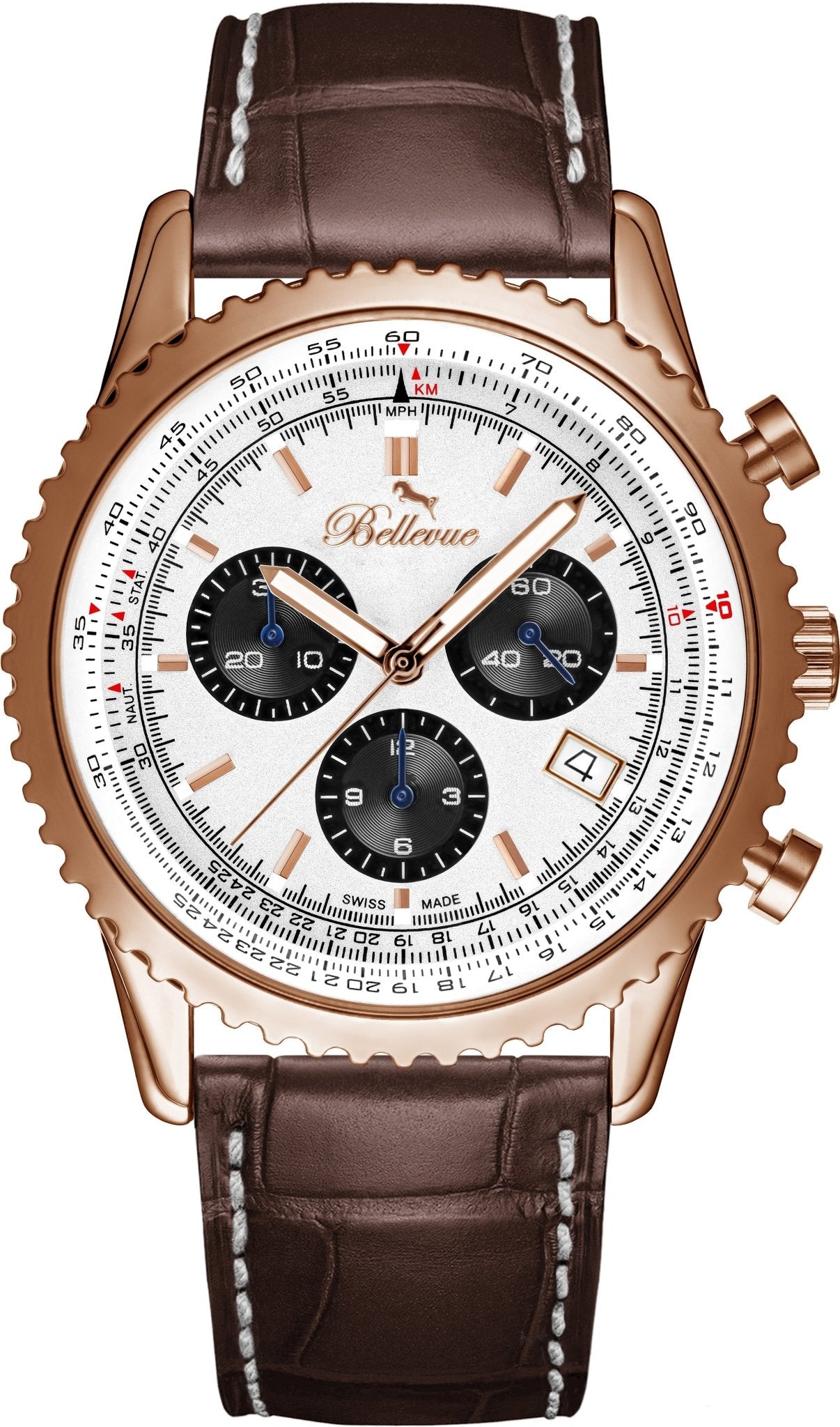 Orologio da uomo Bellevue Chronograph 43 mm marrone e oro rosa – Quarzo Ronda - NAFALUXE