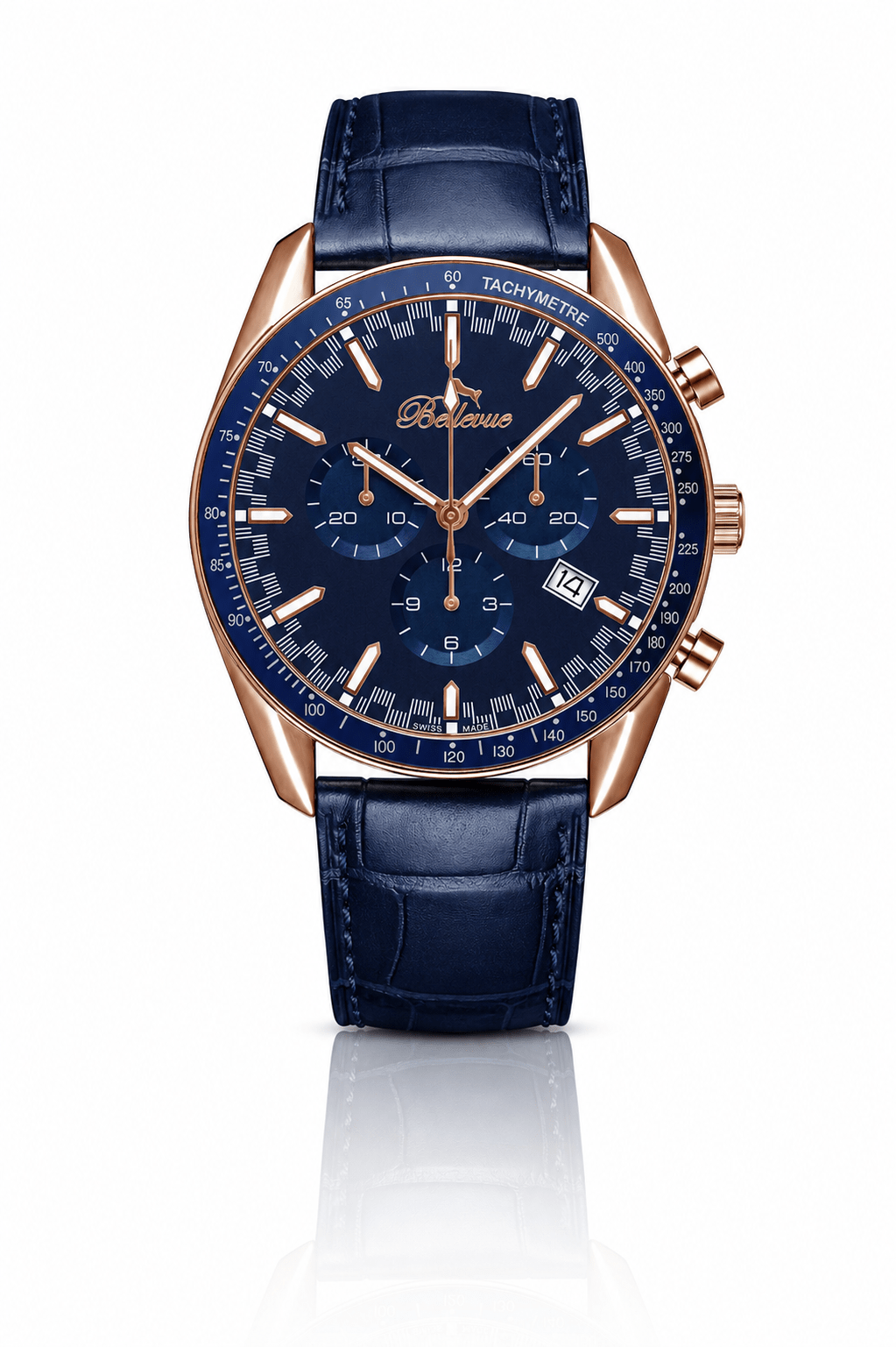 Bellevue Chronograph 43 mm Herrenuhr in Roségold und Blau – Ronda-Quarzwerk – NAFALUXE