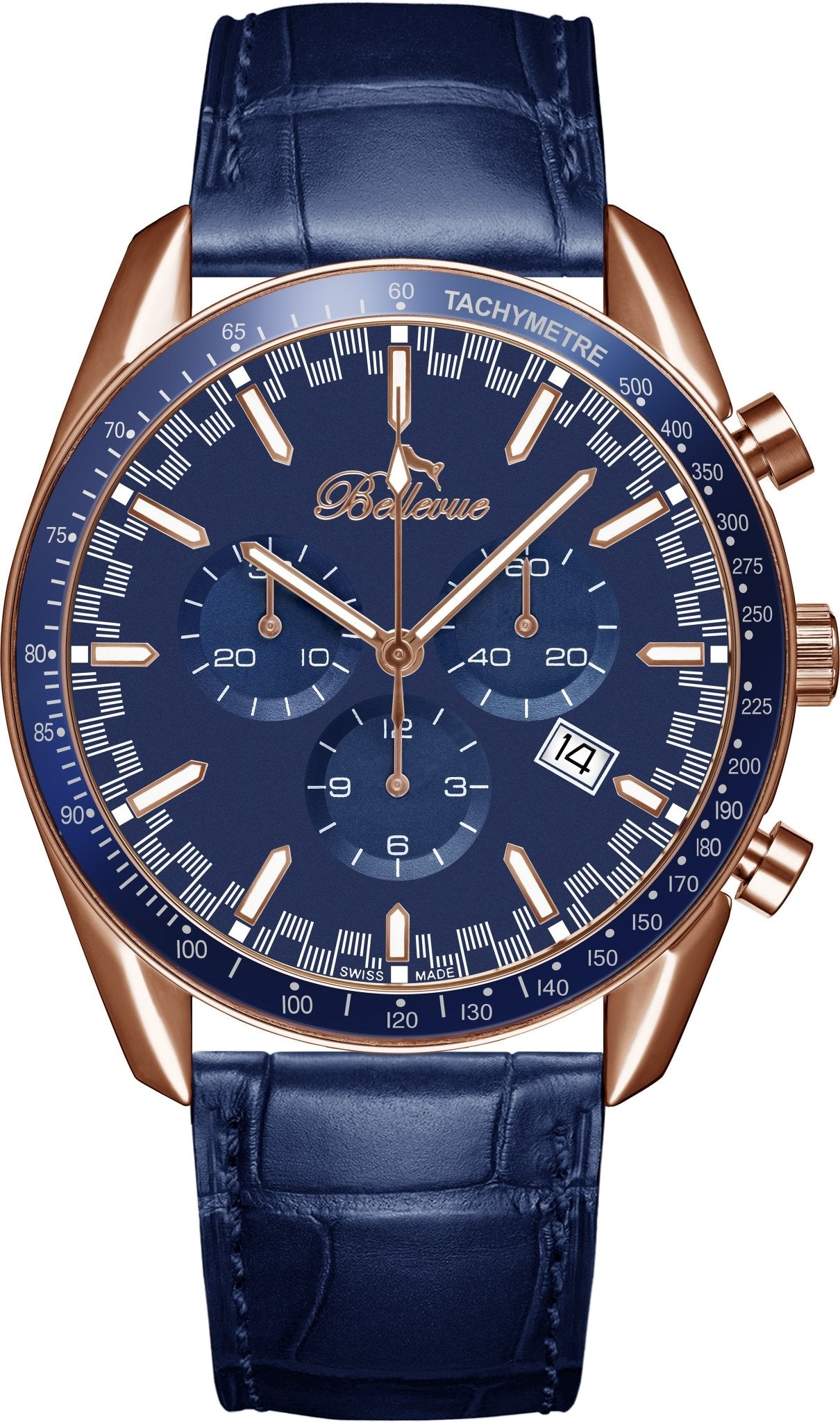 Orologio da uomo Bellevue Chronograph 43 mm in oro rosa e blu – Quarzo Ronda - NAFALUXE