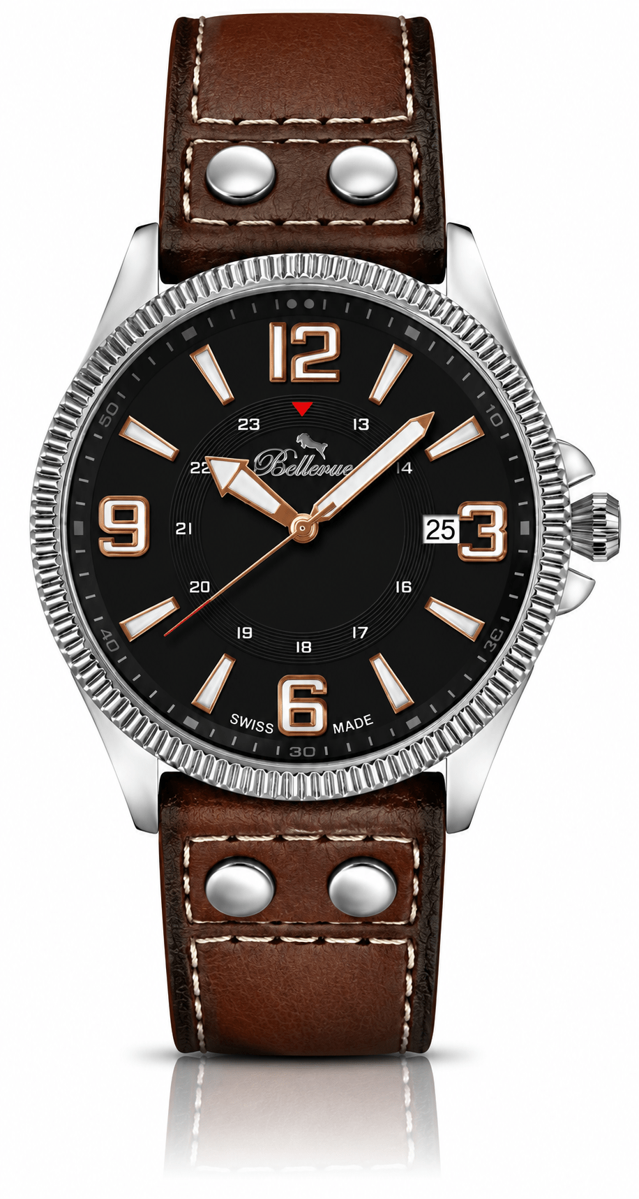 Bellevue Men’s Black Field Watch – Brown Leather Strap | Swiss Made | 42mm - NAFALUXE