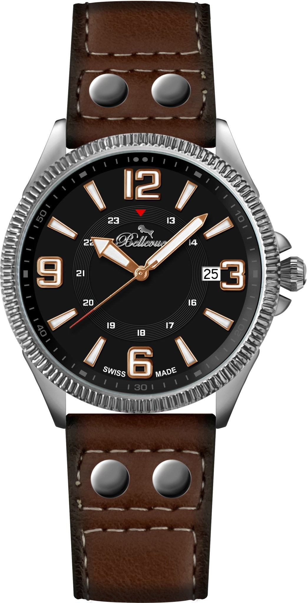 Bellevue Men’s Black Field Watch – Brown Leather Strap | Swiss Made | 42mm - NAFALUXE