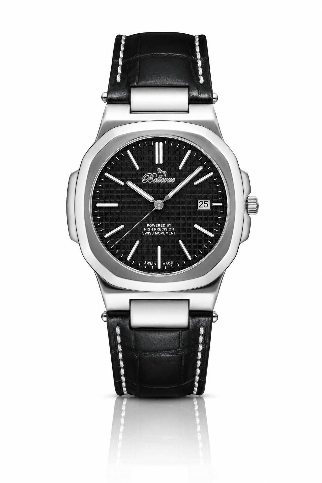 Orologio da uomo Bellevue nero da 43 mm – Quarzo Ronda con datario | Cinturino in pelle PU nera - NAFALUXE