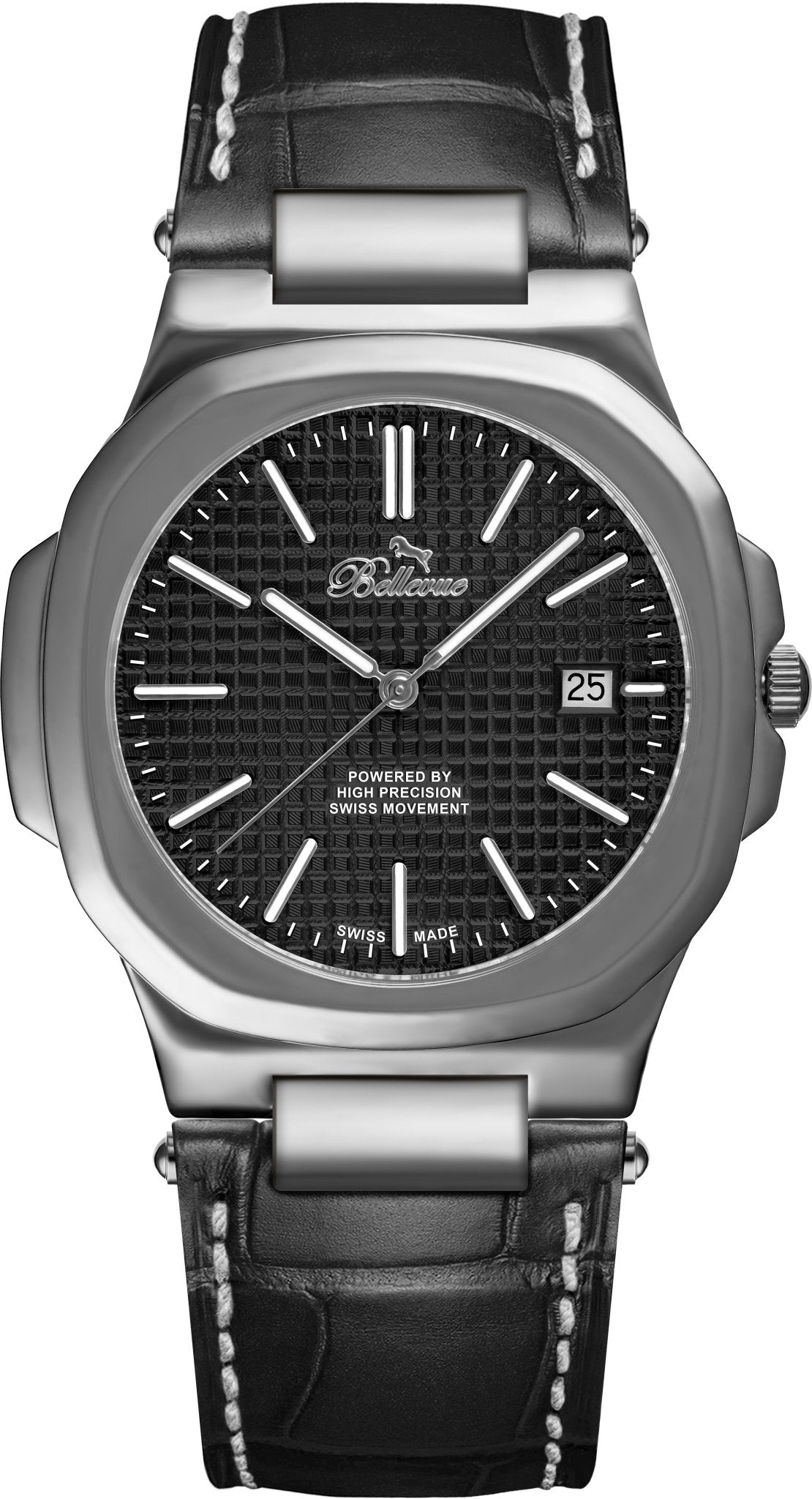 Orologio da uomo Bellevue nero da 43 mm – Quarzo Ronda con datario | Cinturino in pelle PU nera - NAFALUXE