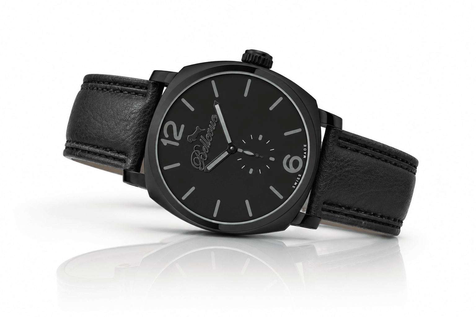 Bellevue Herrenuhr „Black Watch“ 44 mm – Ronda-Quarzwerk | Schwarzes PU-Lederarmband – NAFALUXE
