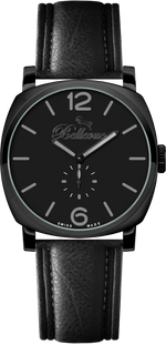 Bellevue Herrenuhr „Black Watch“ 44 mm – Ronda-Quarzwerk | Schwarzes PU-Lederarmband – NAFALUXE