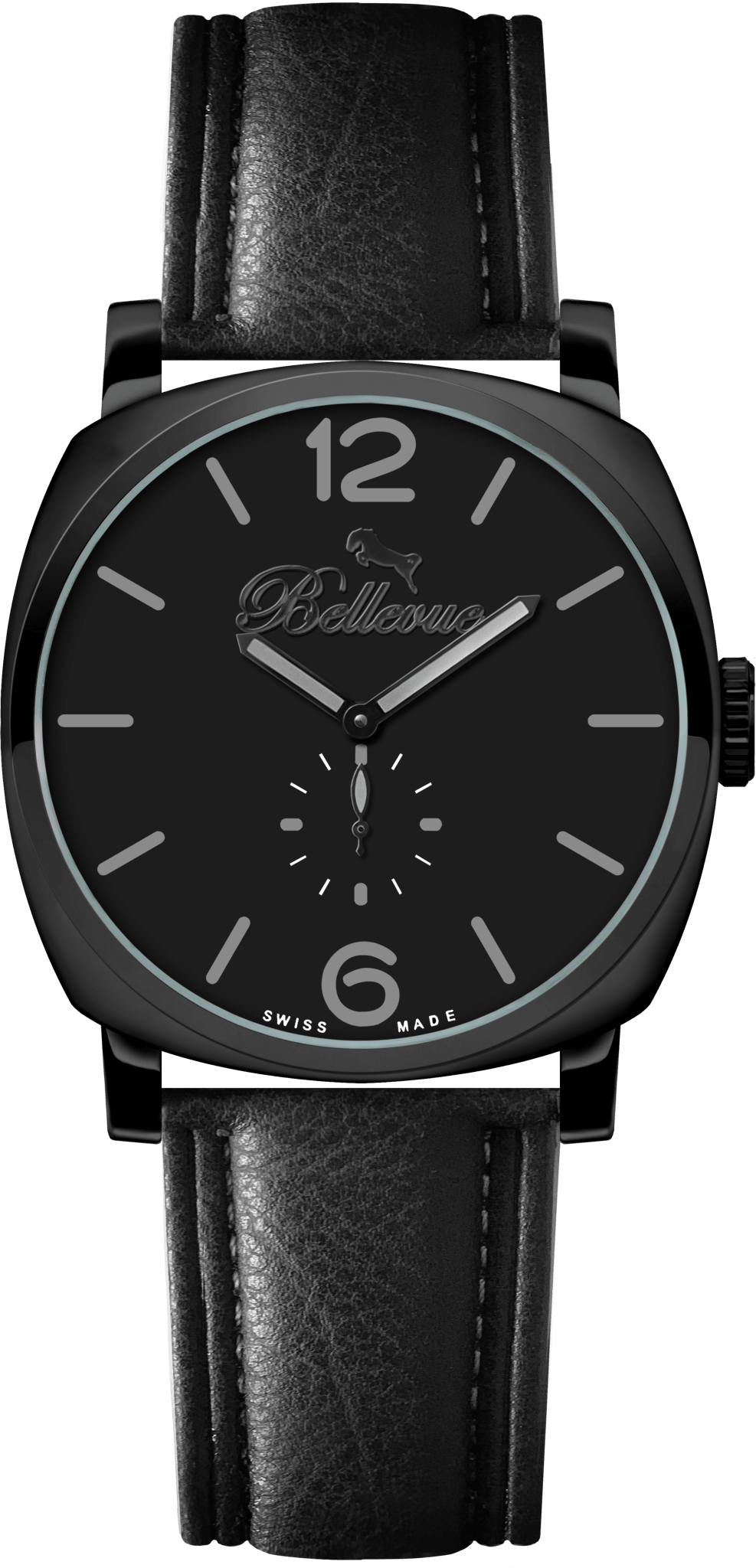 Bellevue Herrenuhr „Black Watch“ 44 mm – Ronda-Quarzwerk | Schwarzes PU-Lederarmband – NAFALUXE