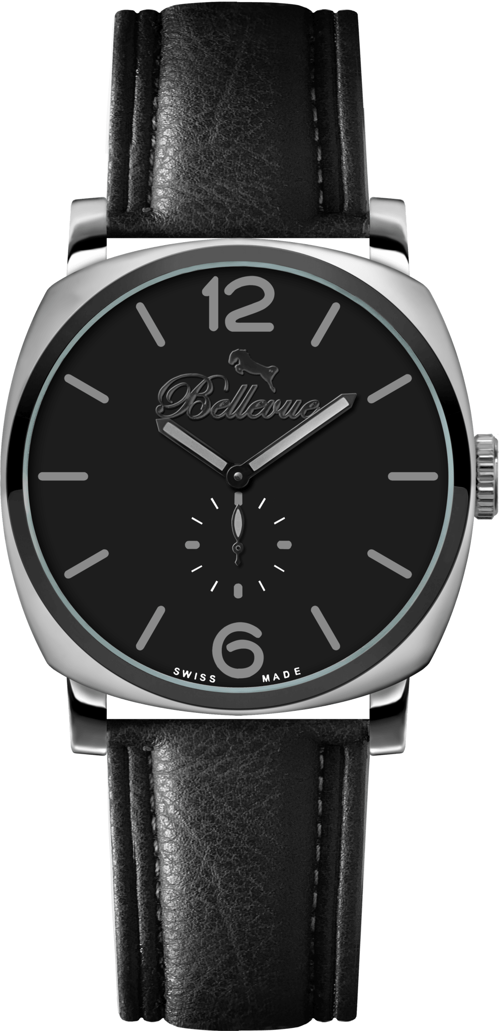 Bellevue Herrenuhr „Black Watch“ 44 mm – Ronda-Quarzwerk | Schwarzes PU-Lederarmband – NAFALUXE
