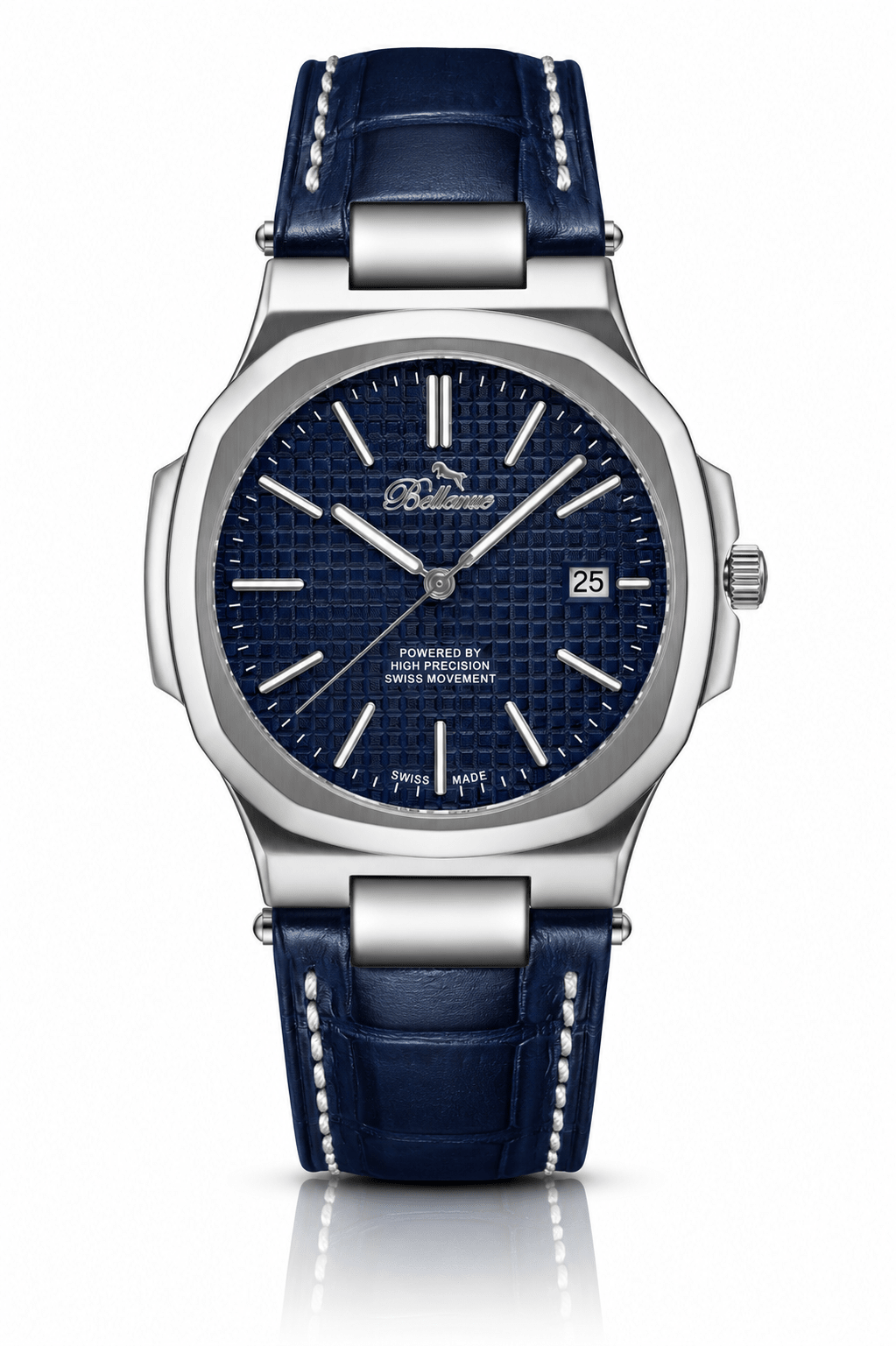 Bellevue Herrenuhr in Blau, 43 mm – Ronda-Quarzwerk mit Datumsanzeige | Blaues PU-Lederarmband – NAFALUXE