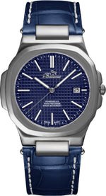 Bellevue Herrenuhr in Blau, 43 mm – Ronda-Quarzwerk mit Datumsanzeige | Blaues PU-Lederarmband – NAFALUXE