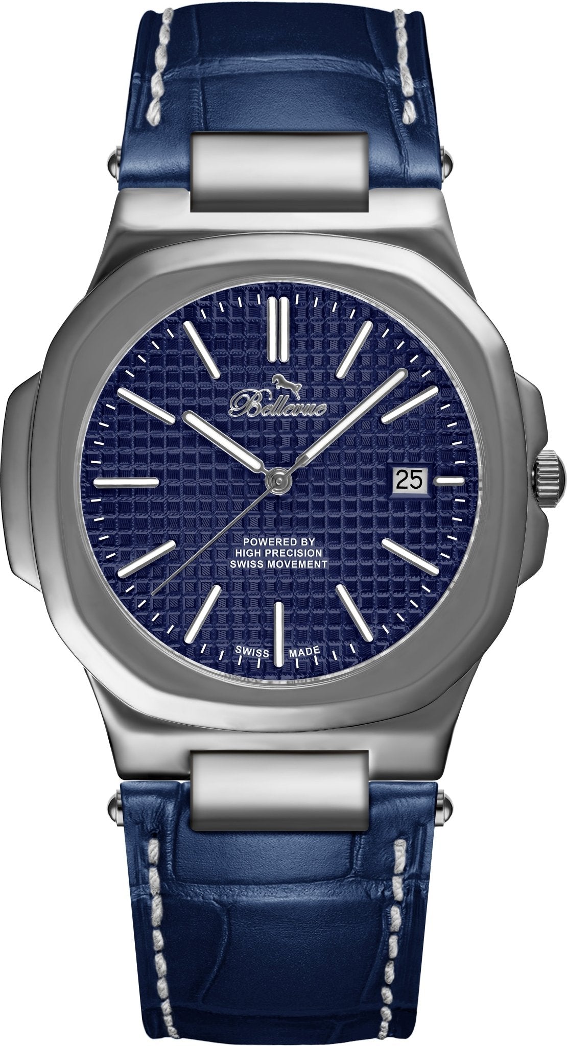 Orologio da uomo Bellevue blu da 43 mm – Quarzo Ronda con datario | Cinturino in pelle PU blu - NAFALUXE