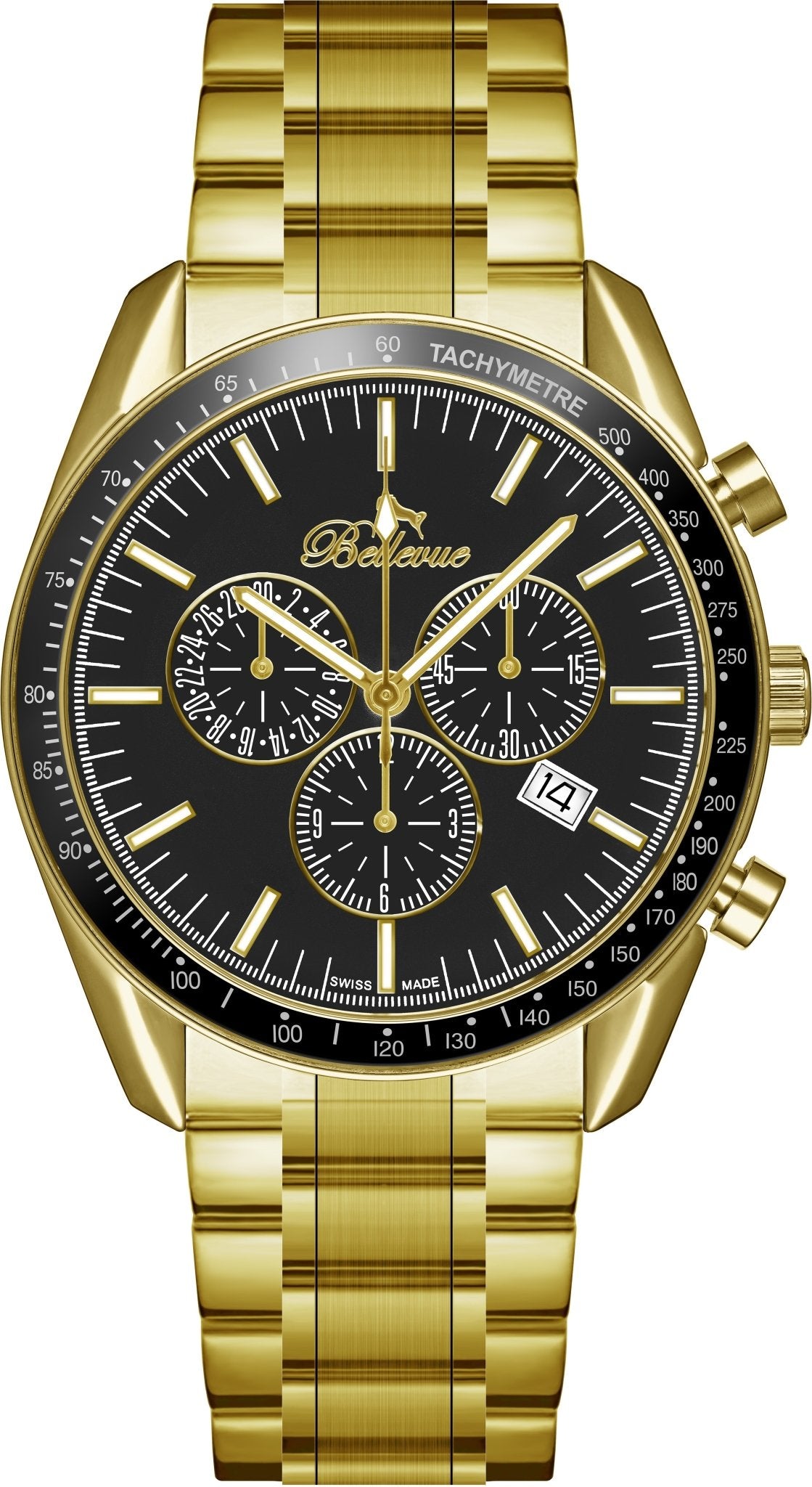 Orologio cronografo da uomo Bellevue in oro, 43 mm – Quadrante nero | Movimento al quarzo Ronda con datario - NAFALUXE
