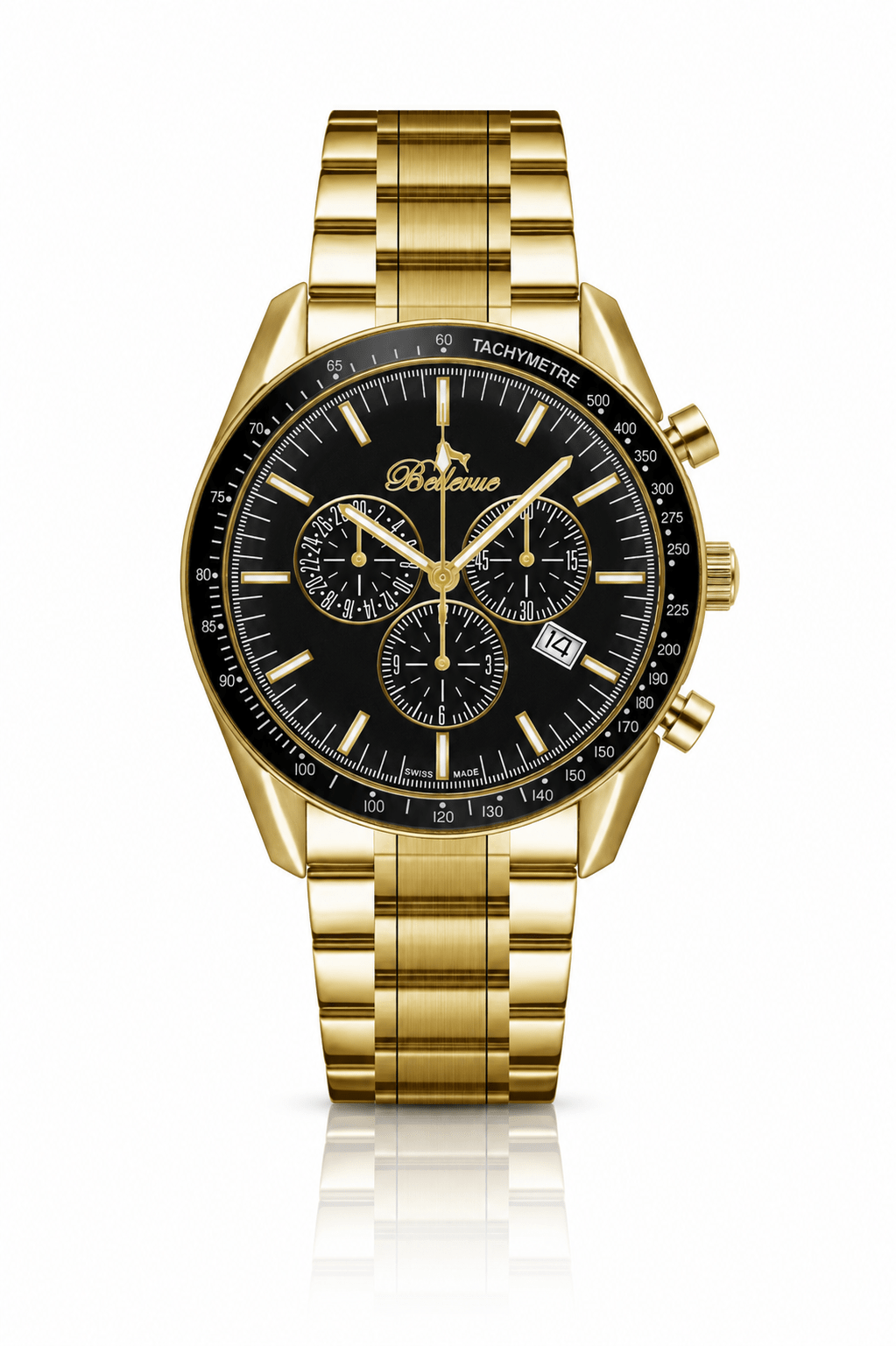 Bellevue Herren-Chronographenuhr aus Gold, 43 mm – schwarzes Zifferblatt | Ronda-Quarzwerk mit Datumsanzeige – NAFALUXE