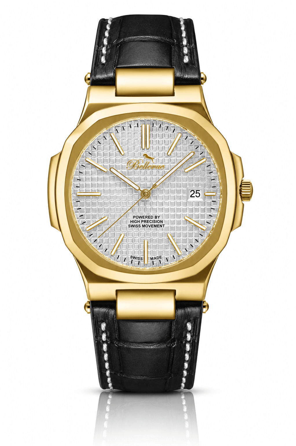 Bellevue Herren-Golduhr 43 mm – Ronda-Quarzwerk mit Datumsanzeige | Schwarzes PU-Lederarmband – NAFALUXE