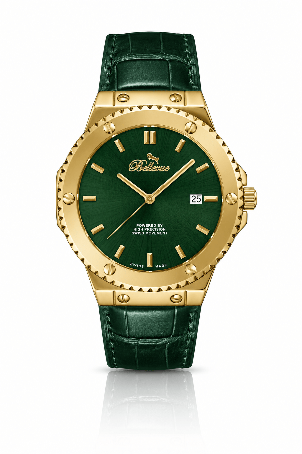 Orologio da uomo Bellevue verde e oro, 43 mm – Movimento al quarzo Ronda con datario | Cinturino in pelle PU verde - NAFALUXE