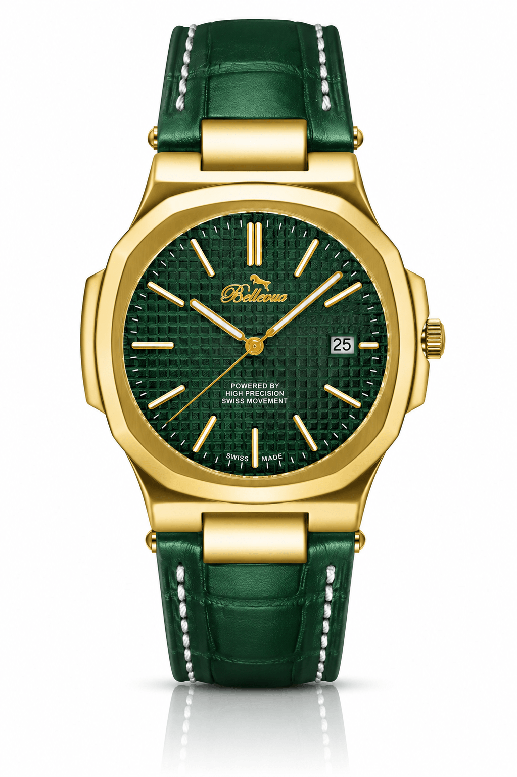 Orologio da uomo Bellevue verde da 43 mm – Quarzo Ronda con datario | Cinturino in pelle PU verde - NAFALUXE