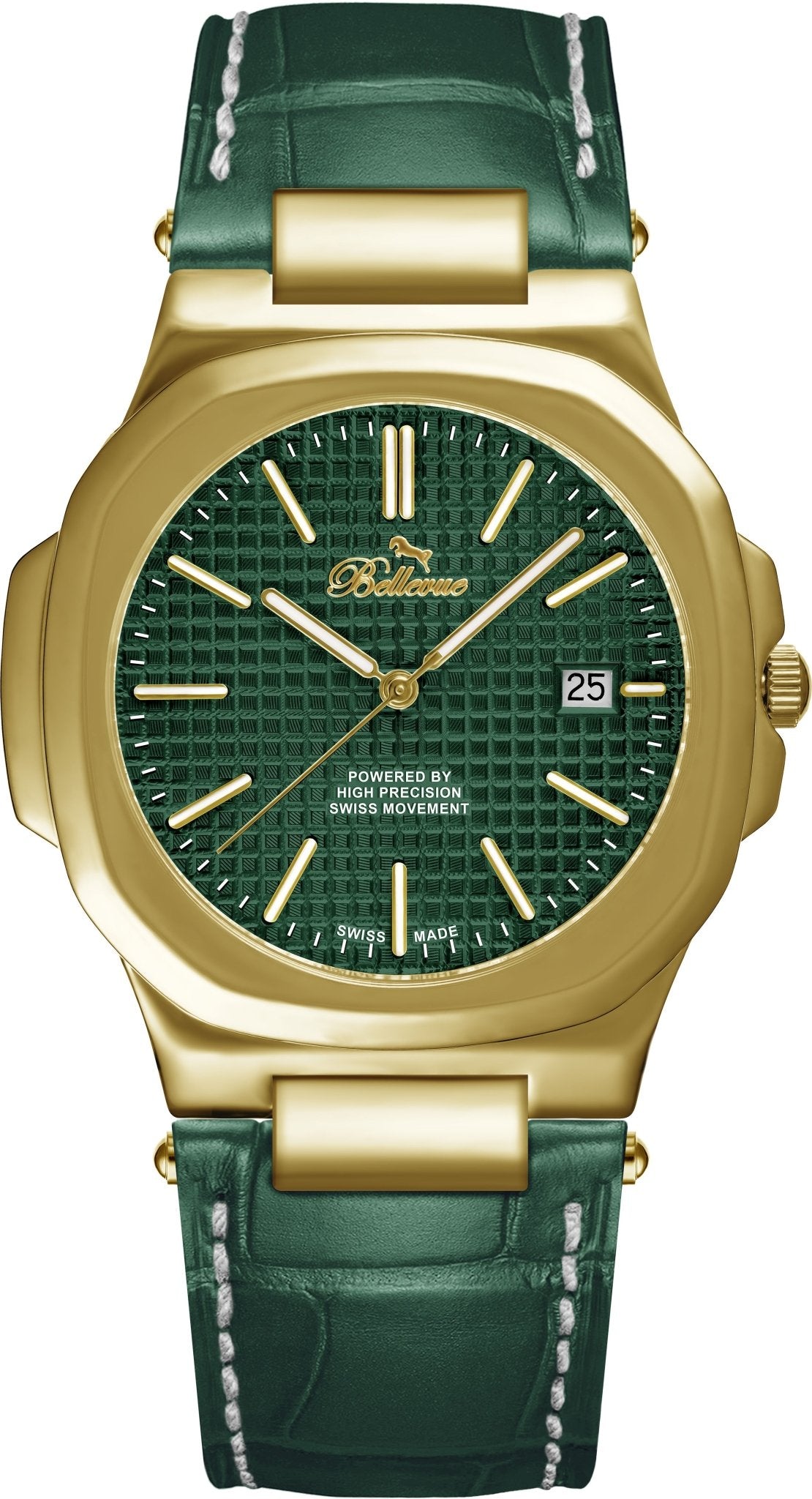 Bellevue Herrenuhr in Grün, 43 mm – Ronda-Quarzwerk mit Datumsanzeige | Grünes PU-Lederarmband – NAFALUXE