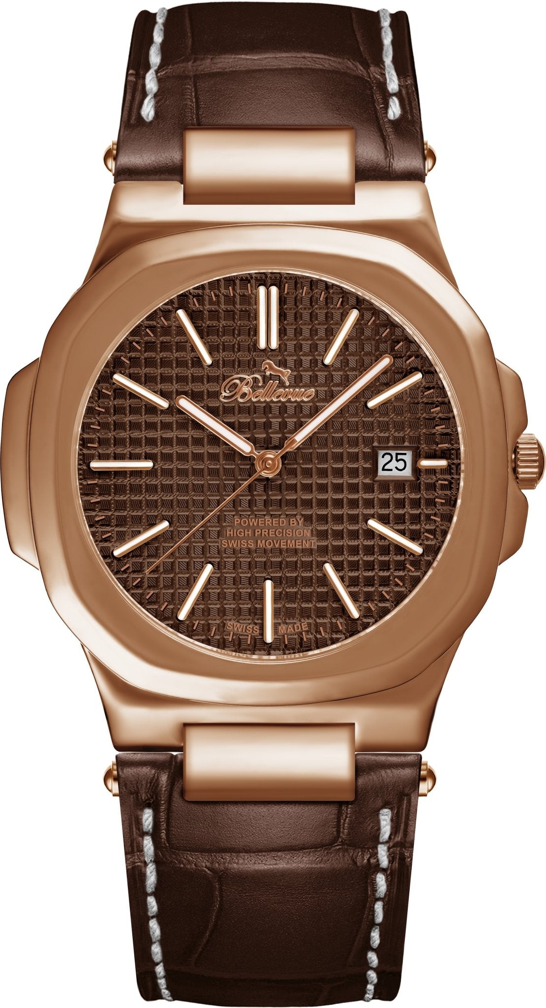 Bellevue Herrenuhr in Roségold und Braun, 43 mm – Ronda-Quarzwerk mit Datumsanzeige | Braunes PU-Lederarmband – NAFALUXE