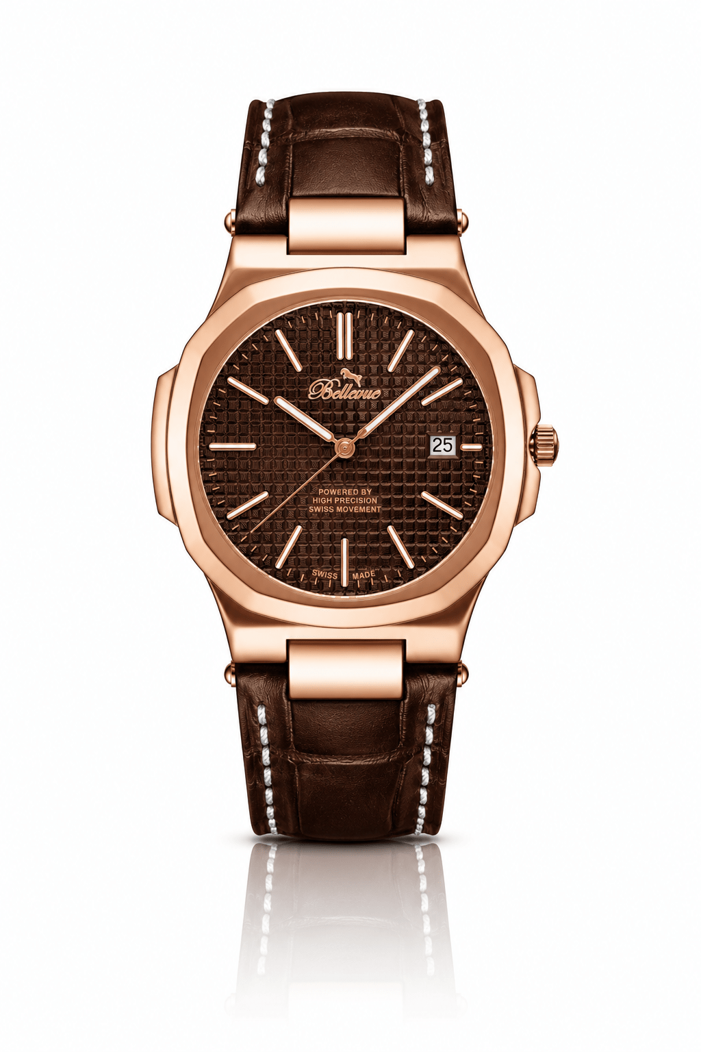 Bellevue Herrenuhr in Roségold und Braun, 43 mm – Ronda-Quarzwerk mit Datumsanzeige | Braunes PU-Lederarmband – NAFALUXE