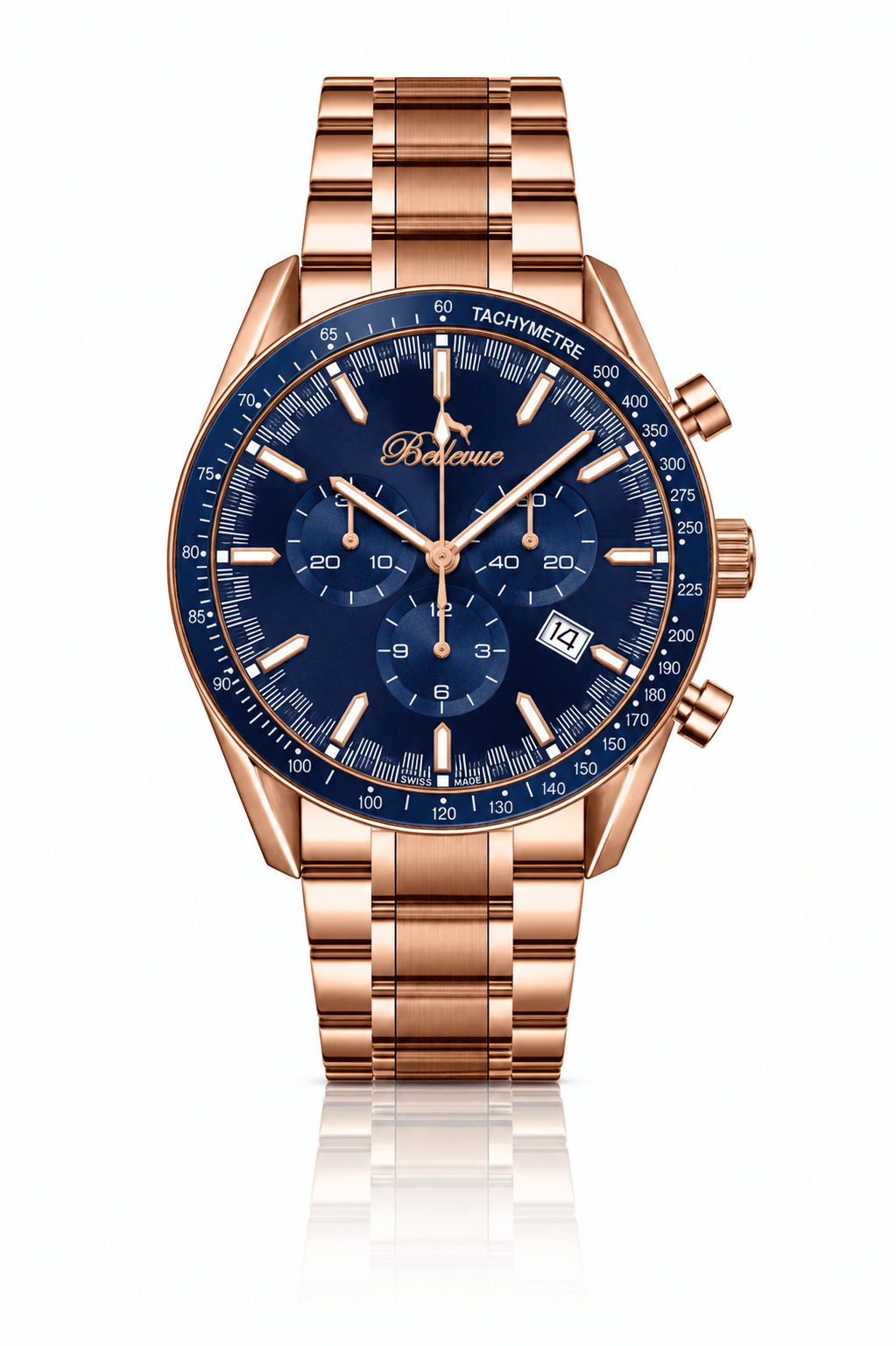 Orologio cronografo da uomo Bellevue in oro rosa, 43 mm – Quadrante blu | Quarzo Ronda con datario - NAFALUXE