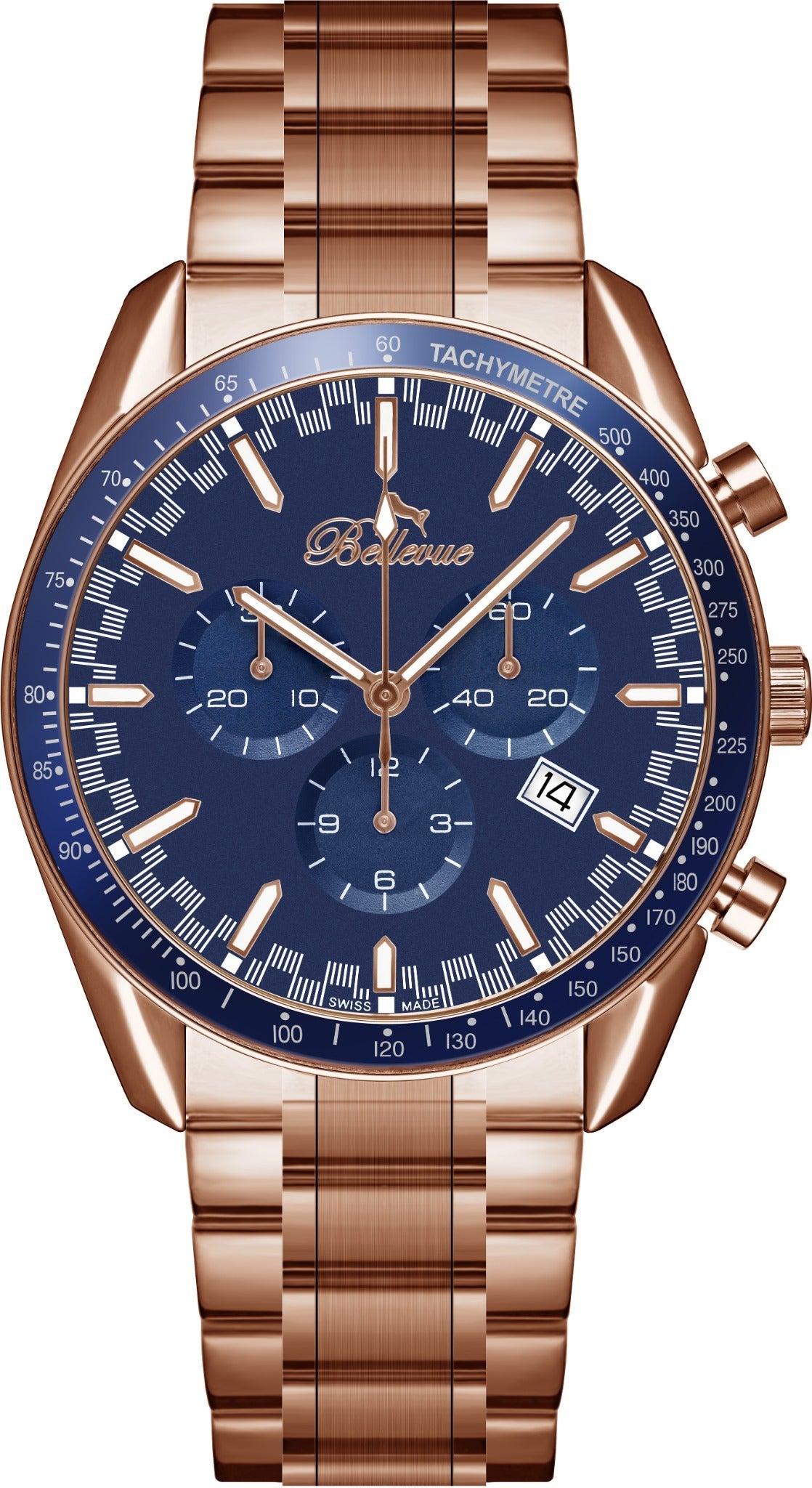 Orologio cronografo da uomo Bellevue in oro rosa, 43 mm – Quadrante blu | Quarzo Ronda con datario - NAFALUXE