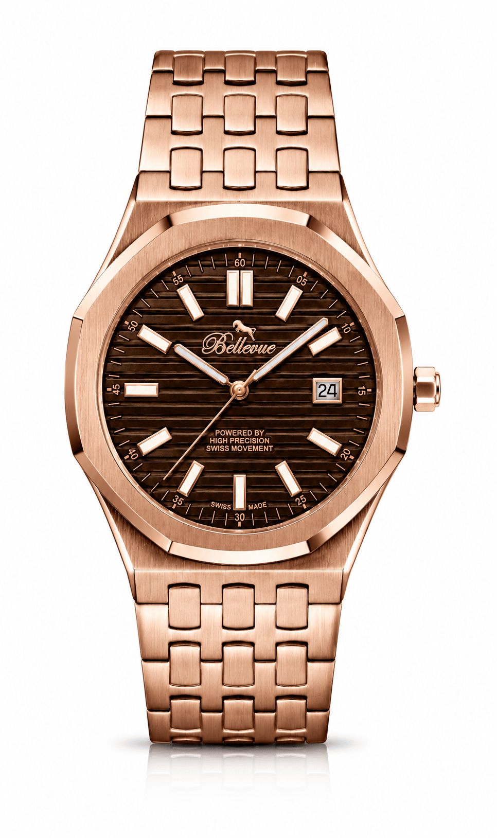 Bellevue Men’s Rose Gold Watch – Brown Dial | Stainless Steel Bracelet | Swiss Made | 41mm - NAFALUXE