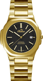 Bellevue Swiss Made Gold Watch 43mm – Black Textured Dial | Ronda Quartz with Date - NAFALUXE
