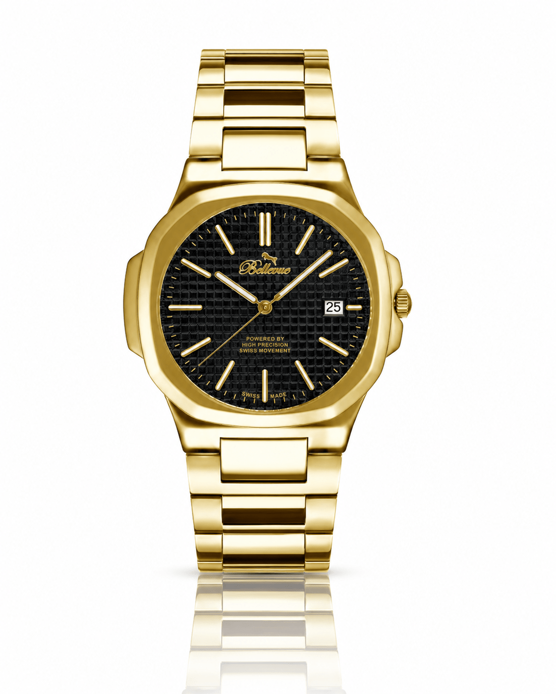 Bellevue Swiss Made Gold Watch 43mm – Black Textured Dial | Ronda Quartz with Date - NAFALUXE