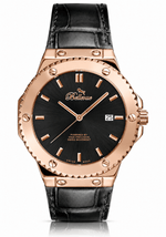 Montre à quartz Bellevue Swiss Made 43 mm – Cadran noir, bracelet en cuir couleur or rose | Mouvement Ronda - NAFALUXE