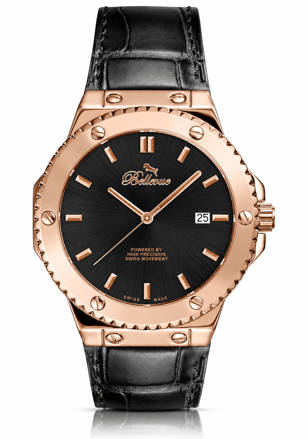 Montre à quartz Bellevue Swiss Made 43 mm – Cadran noir, bracelet en cuir couleur or rose | Mouvement Ronda - NAFALUXE