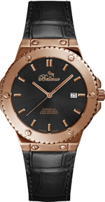 Montre à quartz Bellevue Swiss Made 43 mm – Cadran noir, bracelet en cuir couleur or rose | Mouvement Ronda - NAFALUXE