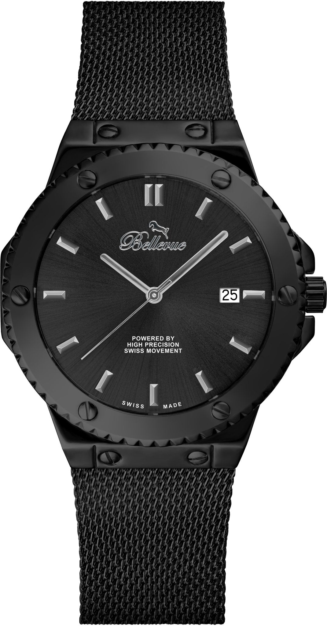 Montre à quartz Bellevue Swiss Made 43 mm – Bracelet en mailles d'acier inoxydable noir | Mouvement Ronda - NAFALUXE