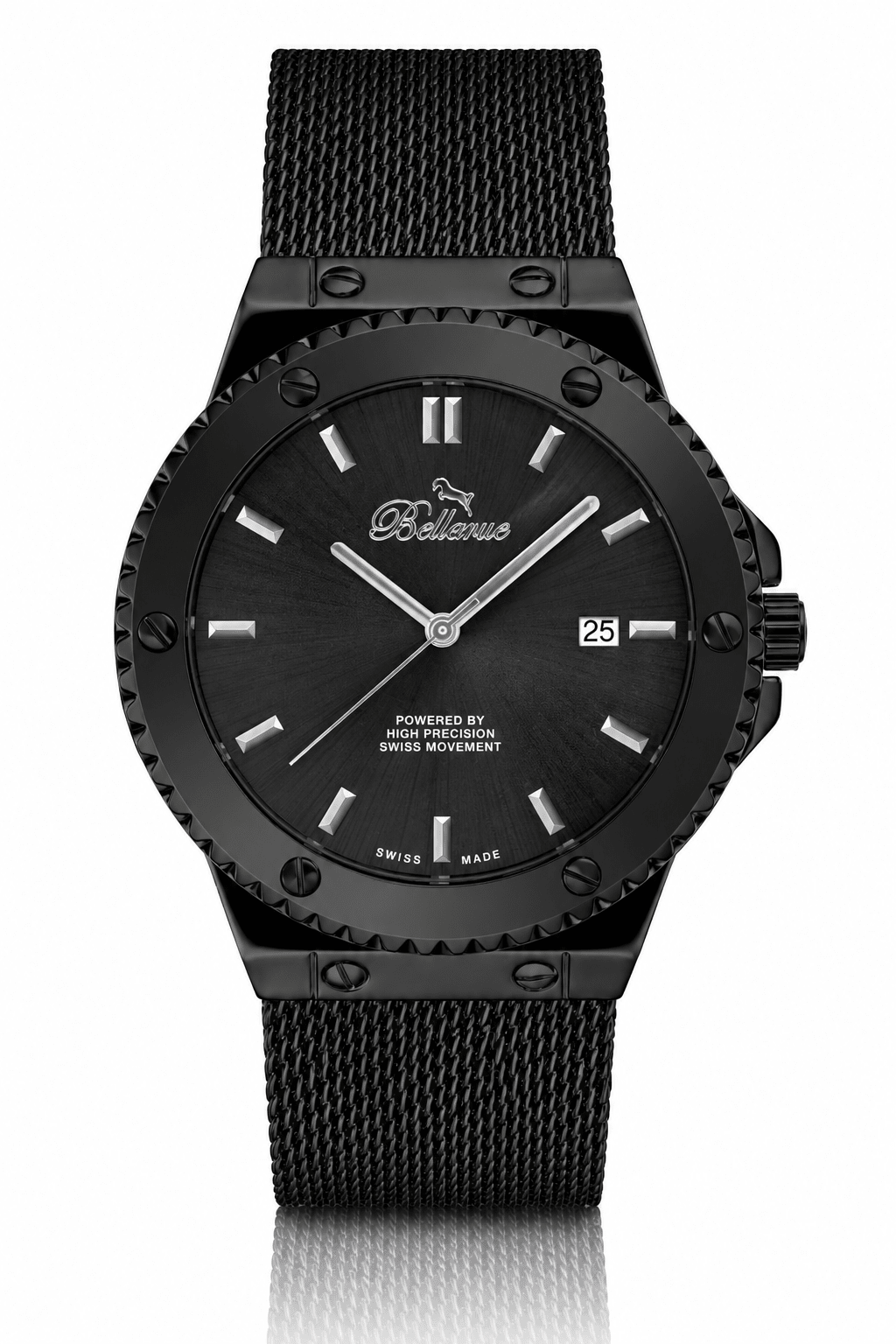 Montre à quartz Bellevue Swiss Made 43 mm – Bracelet en mailles d'acier inoxydable noir | Mouvement Ronda - NAFALUXE