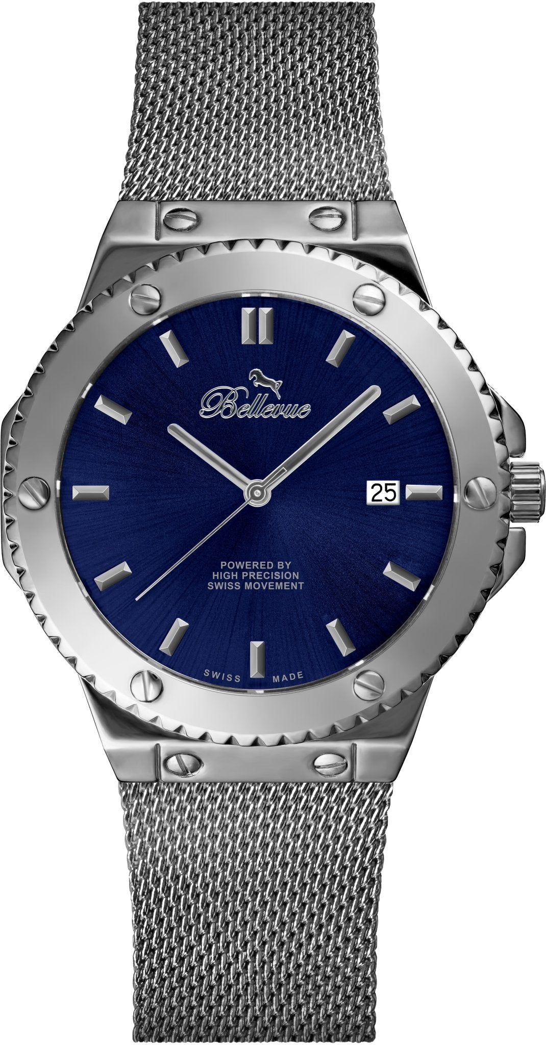 Orologio al quarzo Bellevue Swiss Made da 43 mm – Quadrante blu, cinturino a maglia in acciaio inossidabile | Movimento Ronda - NAFALUXE