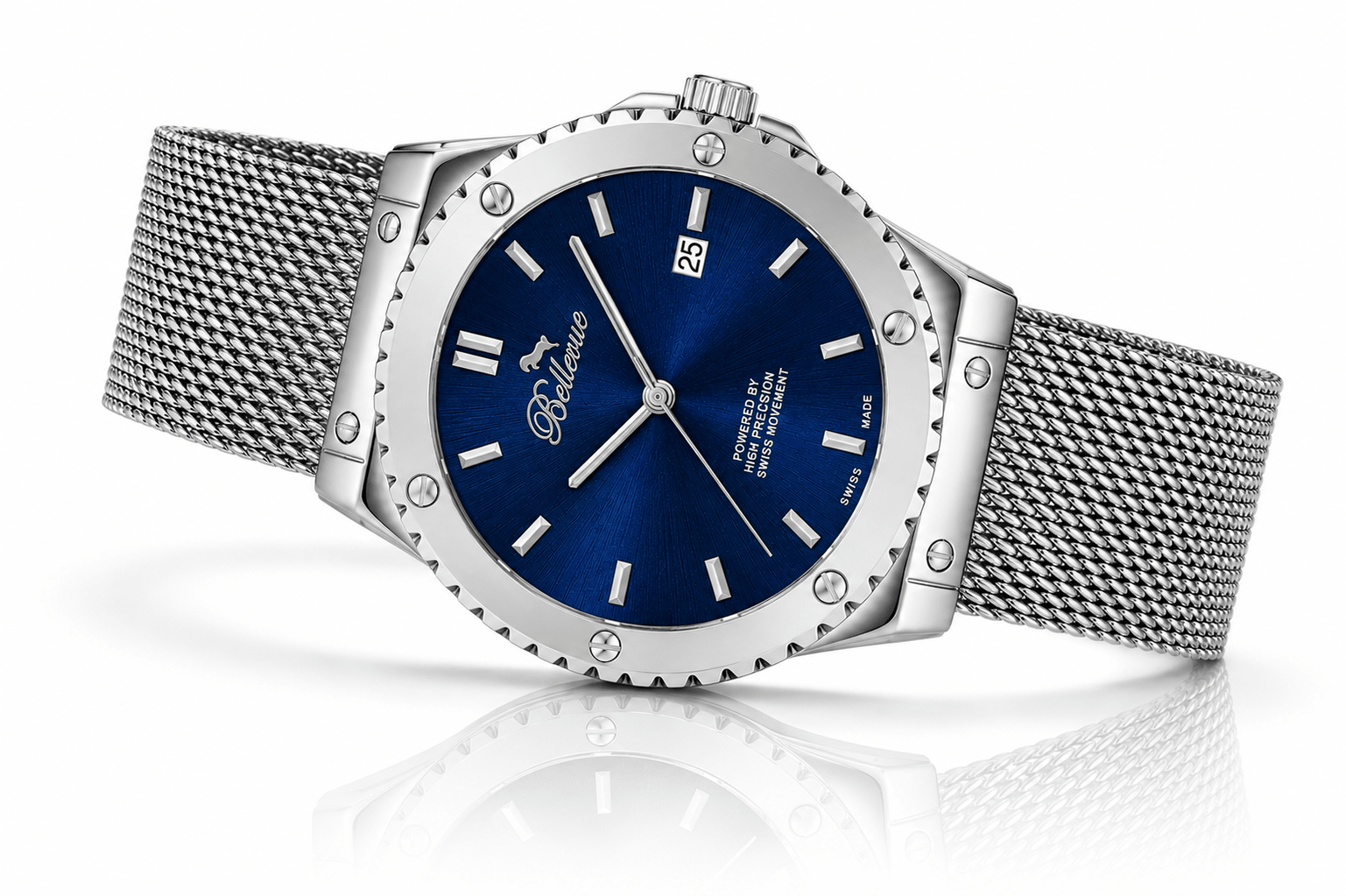Orologio al quarzo Bellevue Swiss Made da 43 mm – Quadrante blu, cinturino a maglia in acciaio inossidabile | Movimento Ronda - NAFALUXE