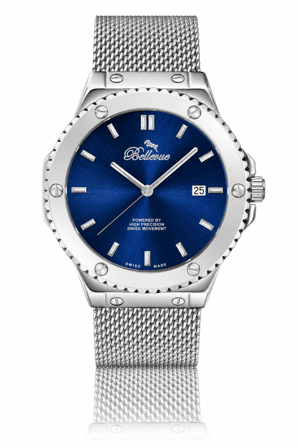 Orologio al quarzo Bellevue Swiss Made da 43 mm – Quadrante blu, cinturino a maglia in acciaio inossidabile | Movimento Ronda - NAFALUXE
