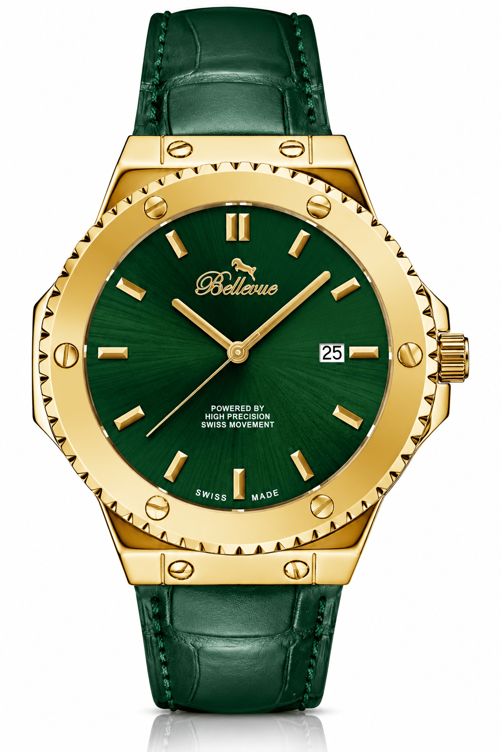 Montre à quartz Bellevue Swiss Made 43 mm – Cadran vert, bracelet en cuir doré | Mouvement Ronda - NAFALUXE