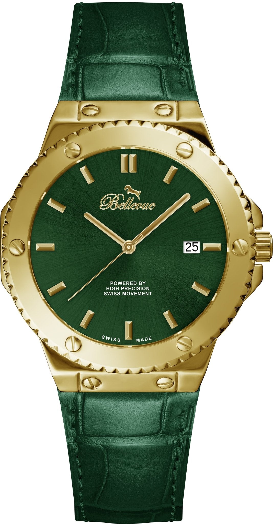 Montre à quartz Bellevue Swiss Made 43 mm – Cadran vert, bracelet en cuir doré | Mouvement Ronda - NAFALUXE