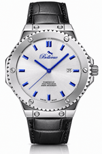 Orologio al quarzo Bellevue Swiss Made da 43 mm – Quadrante argento con indici blu e cinturino in pelle | Movimento Ronda - NAFALUXE