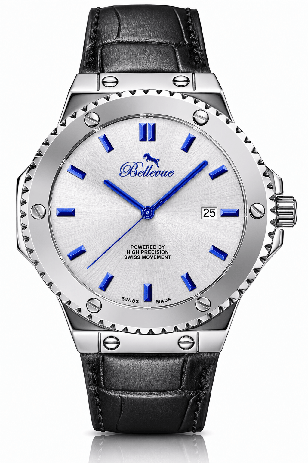 Orologio al quarzo Bellevue Swiss Made da 43 mm – Quadrante argento con indici blu e cinturino in pelle | Movimento Ronda - NAFALUXE