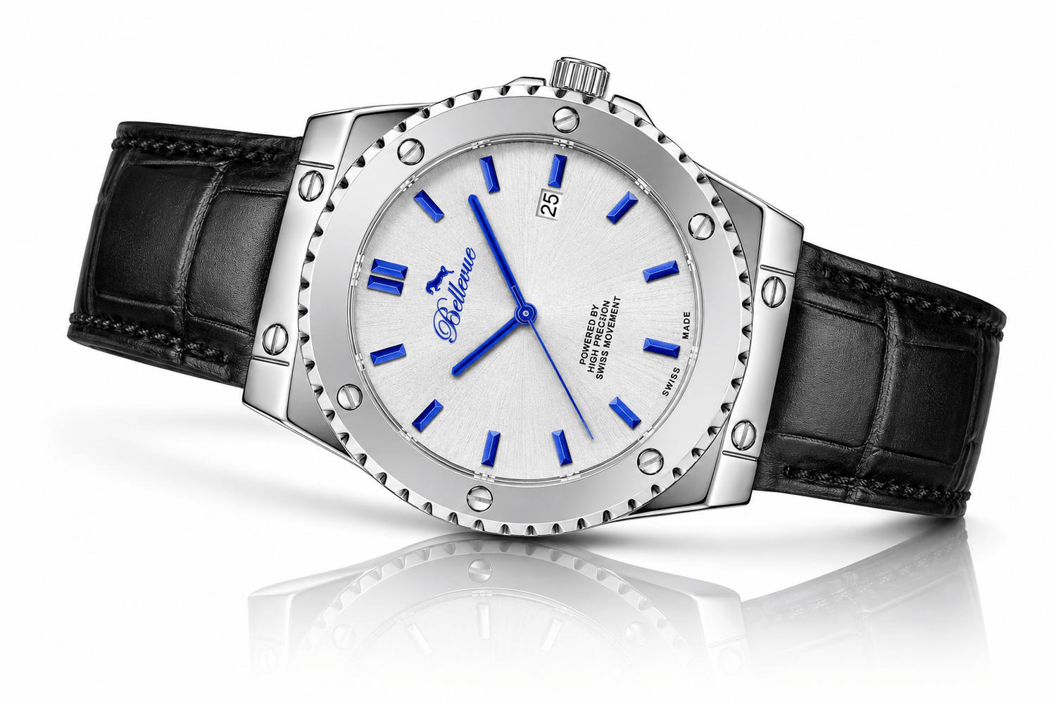 Bellevue Swiss Made Quartz Watch 43mm – Silver Dial Blue Markers Leather Strap | Ronda Movement - NAFALUXE