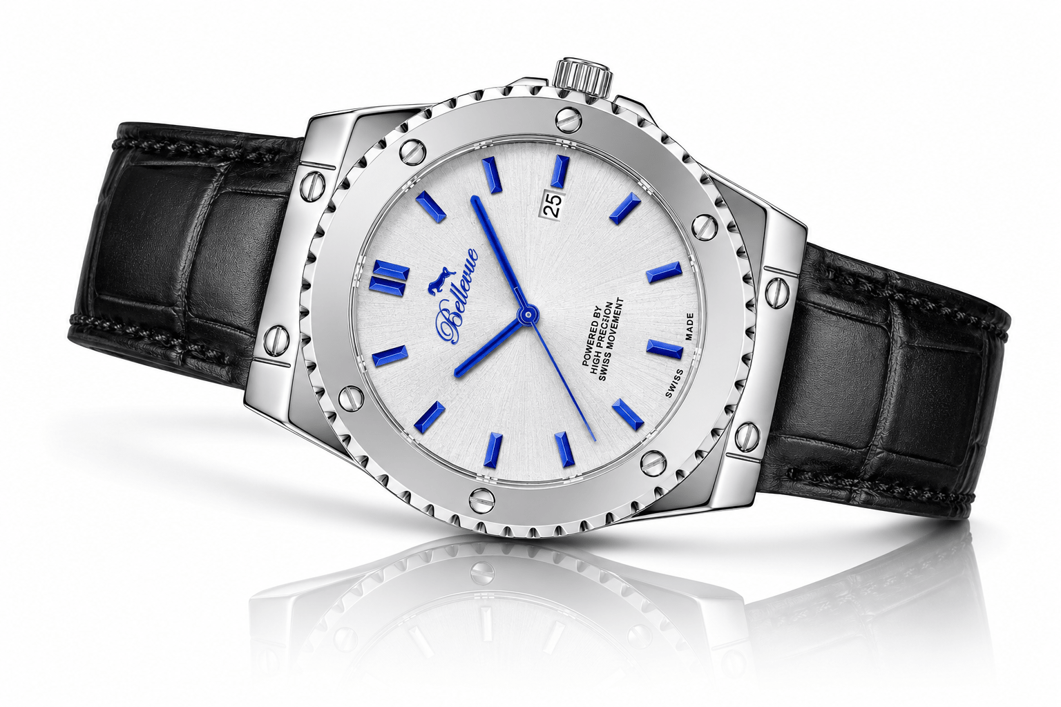 Orologio al quarzo Bellevue Swiss Made da 43 mm – Quadrante argento con indici blu e cinturino in pelle | Movimento Ronda - NAFALUXE