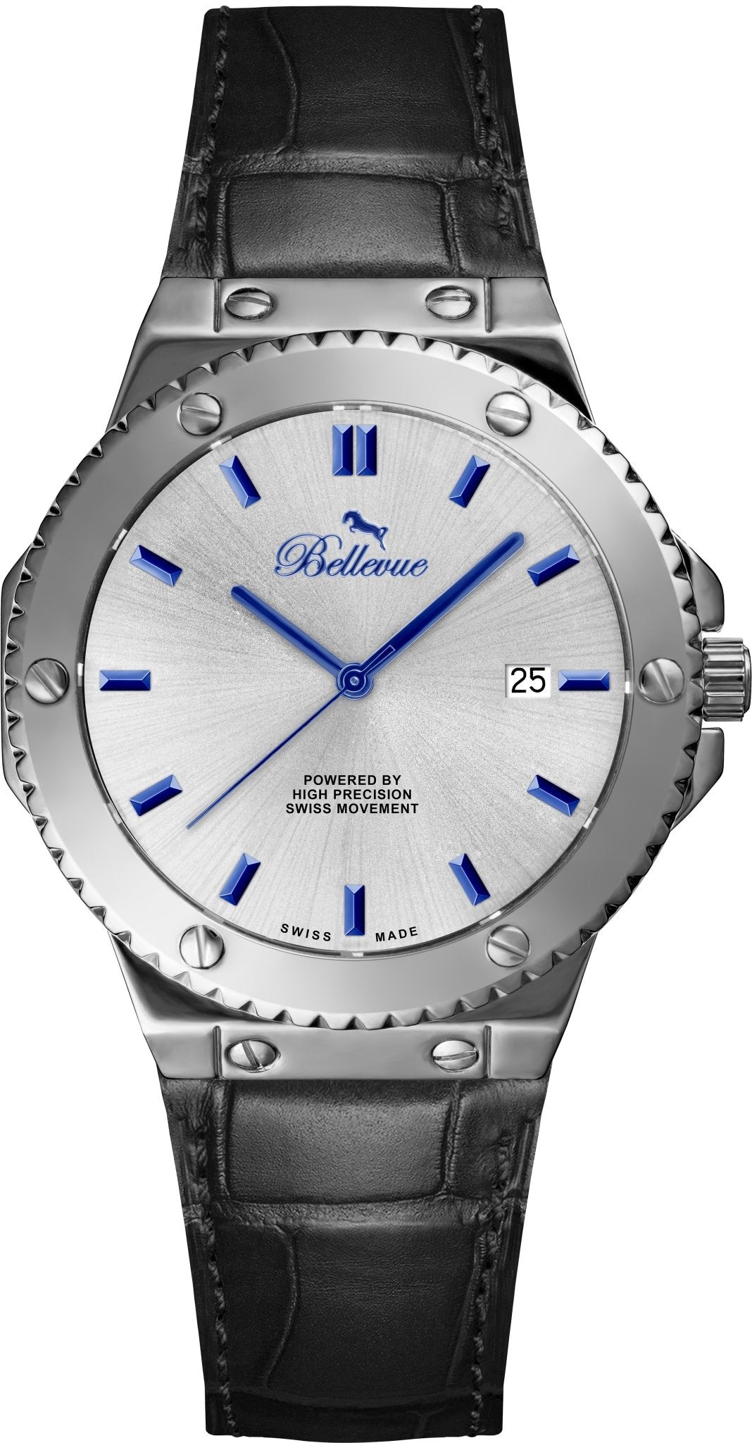 Orologio al quarzo Bellevue Swiss Made da 43 mm – Quadrante argento con indici blu e cinturino in pelle | Movimento Ronda - NAFALUXE