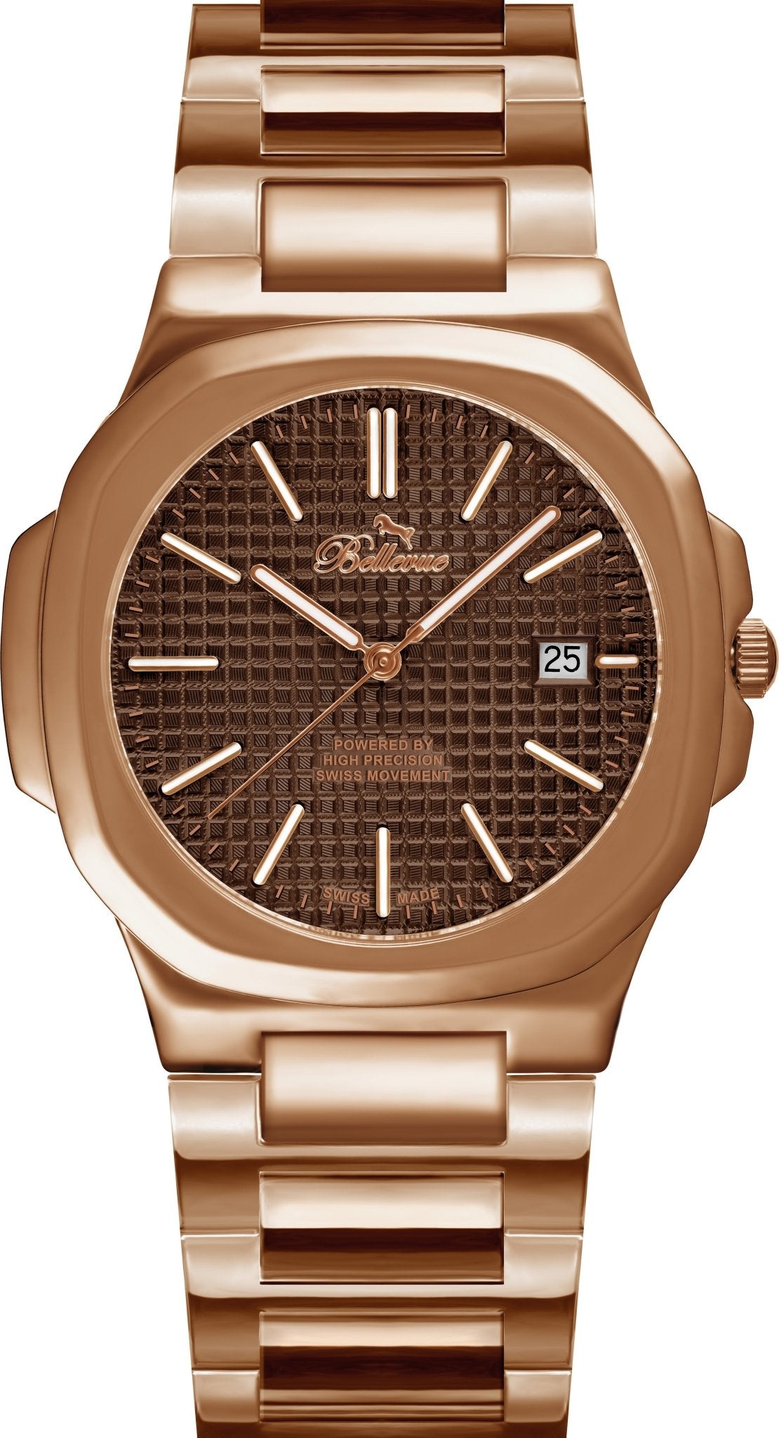 Bellevue Swiss Made Rose Gold Watch 43mm – Brown Textured Dial | Ronda Quartz with Date - NAFALUXE