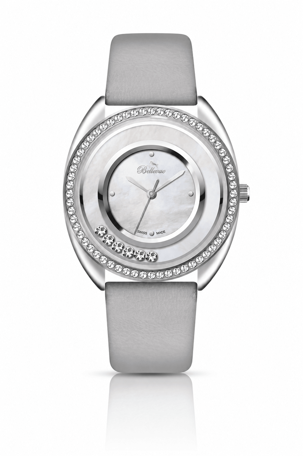 Bellevue Swiss Made Women’s Crystal Watch 34mm – Grey Strap | ETA Quartz - NAFALUXE