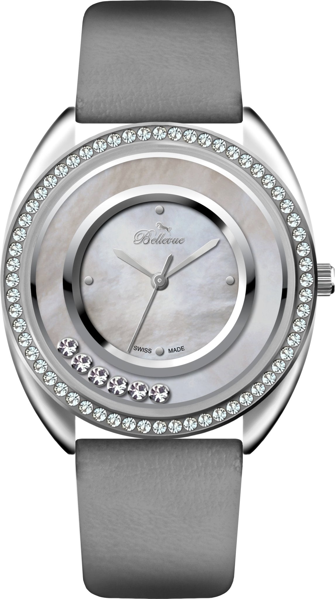 Orologio da donna Bellevue Swiss Made con cristalli, 34 mm – Cinturino grigio | Quarzo ETA - NAFALUXE