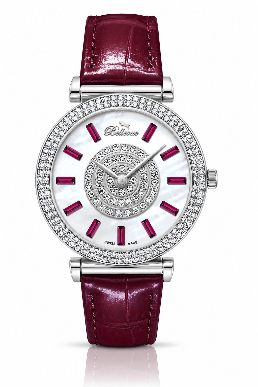 Orologio da donna Bellevue Swiss Made con cristalli, 38 mm – Cinturino in pelle bordeaux | Quarzo Ronda - NAFALUXE