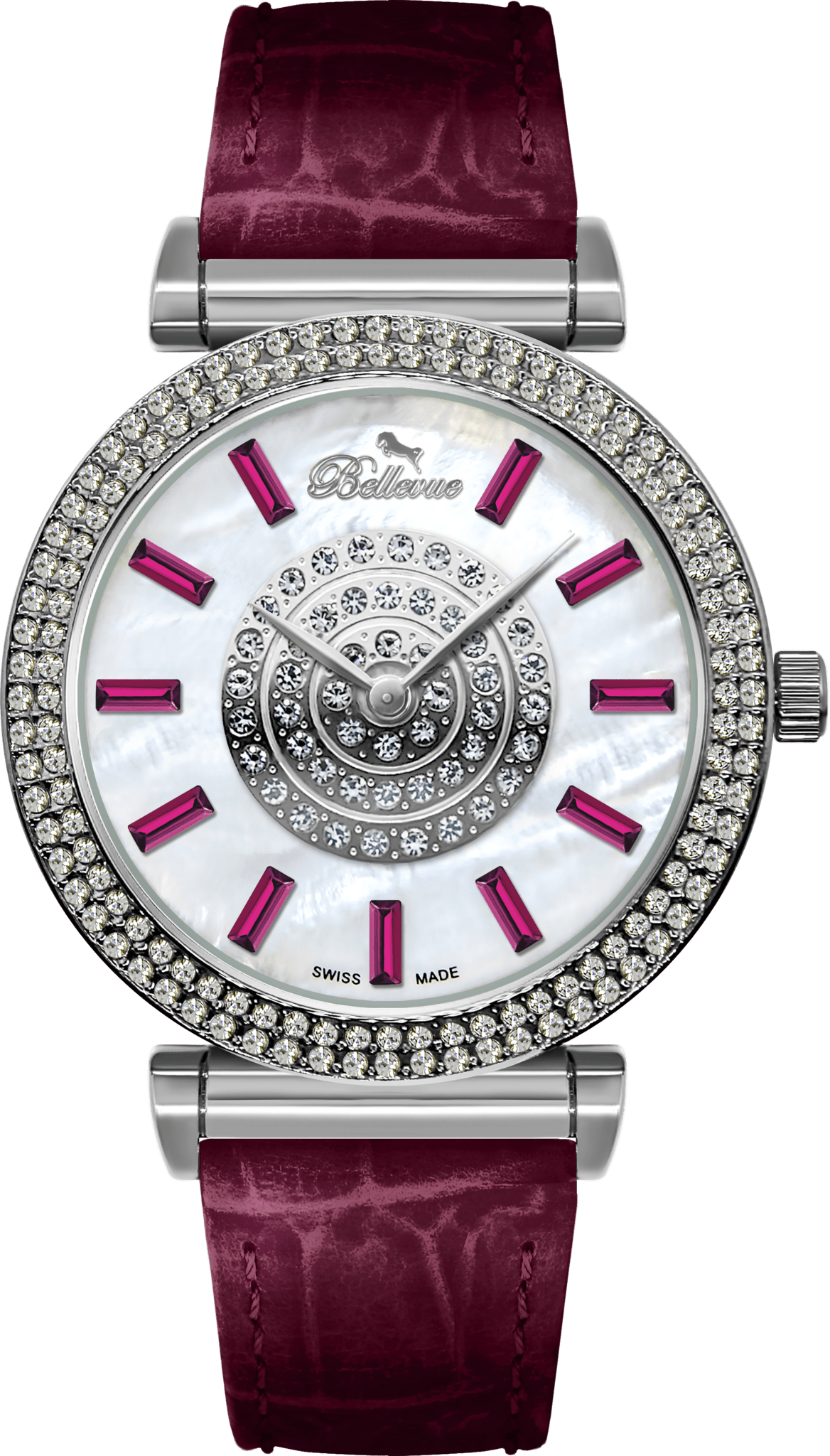 Bellevue Swiss Made Women’s Crystal Watch 38mm – Burgundy Leather Strap | Ronda Quartz - NAFALUXE