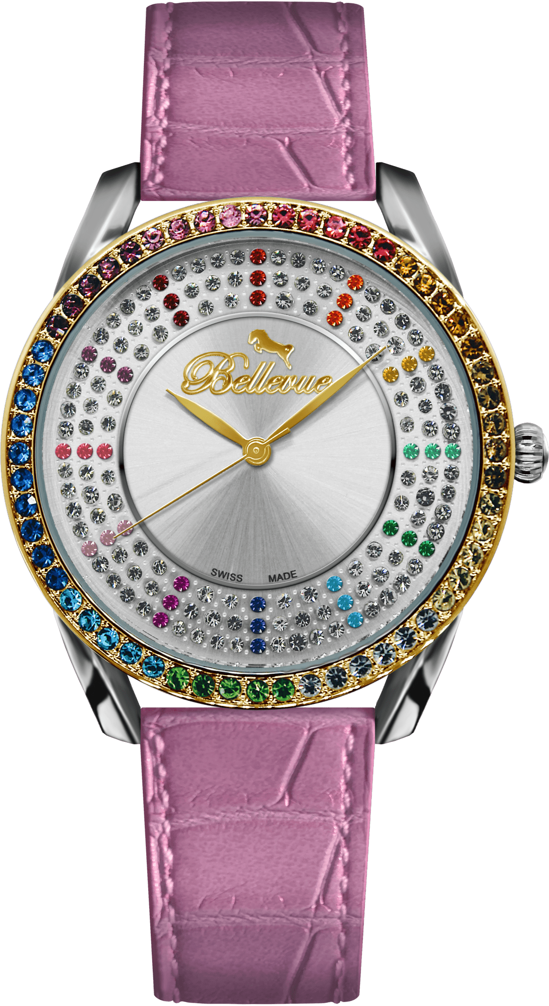 Orologio da donna Bellevue Swiss Made con cristalli, 38 mm – Cinturino in pelle rosa | Quarzo Ronda - NAFALUXE