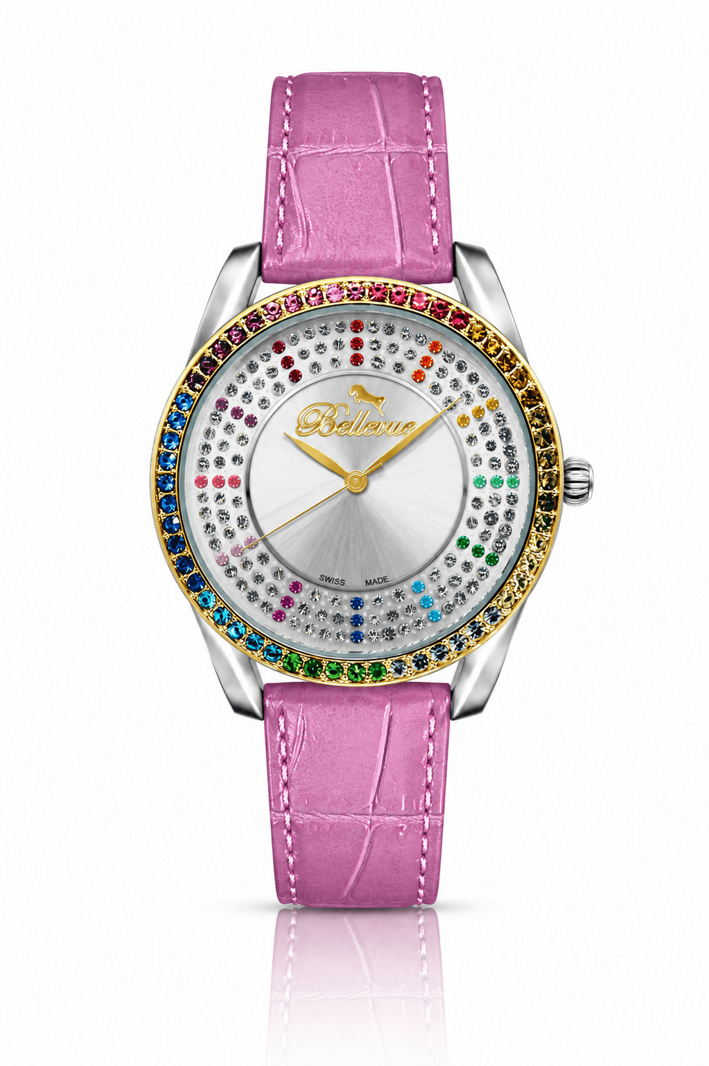 Orologio da donna Bellevue Swiss Made con cristalli, 38 mm – Cinturino in pelle rosa | Quarzo Ronda - NAFALUXE