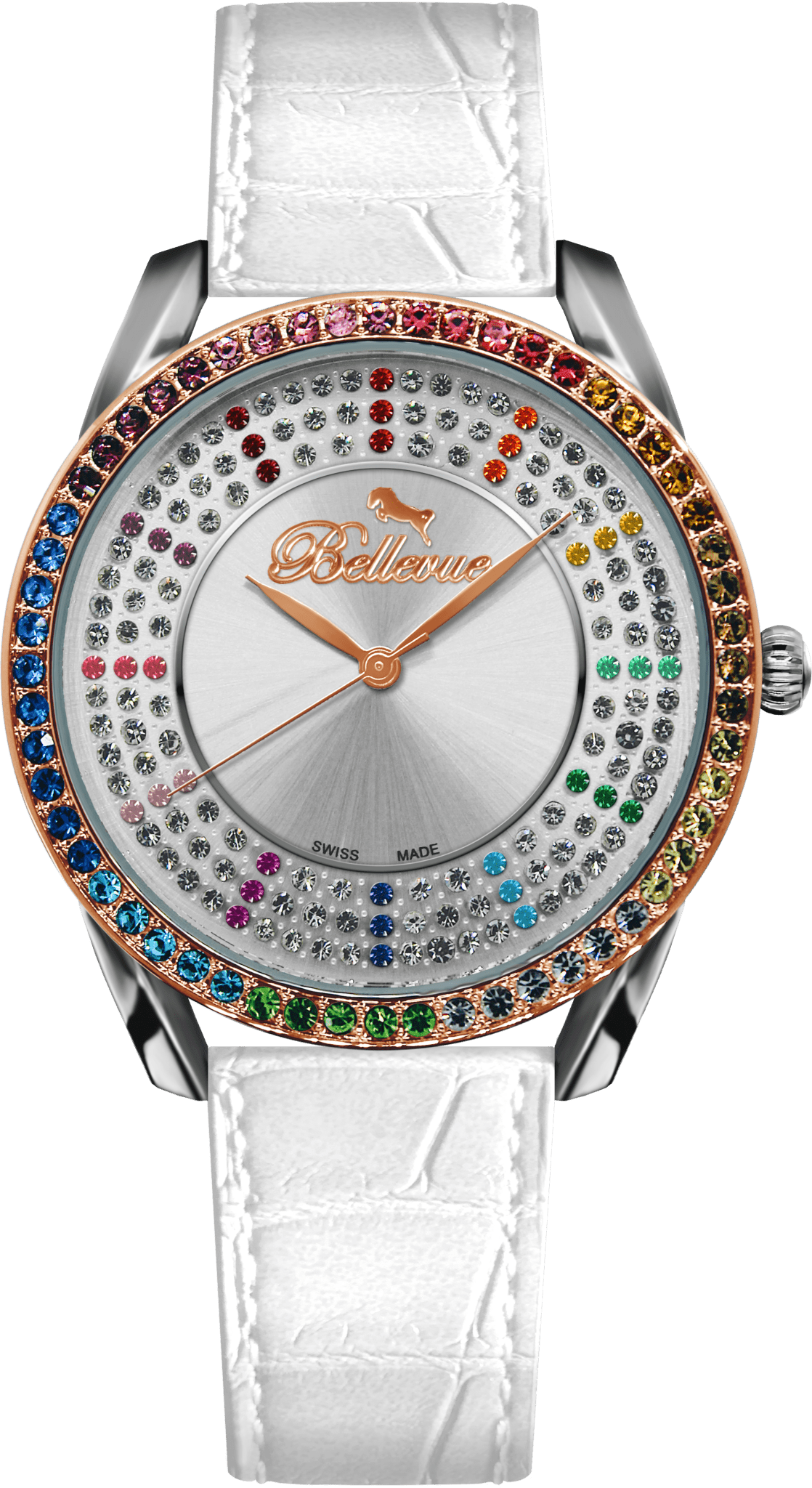 Orologio da donna Bellevue Swiss Made con cristalli, 38 mm – Cinturino in pelle bianca | Quarzo Ronda - NAFALUXE